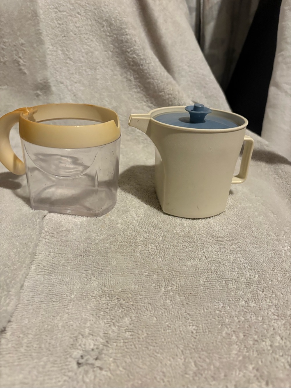 Neutral Cream and Blue Plastic Pouring Pitcher with Cream Handle